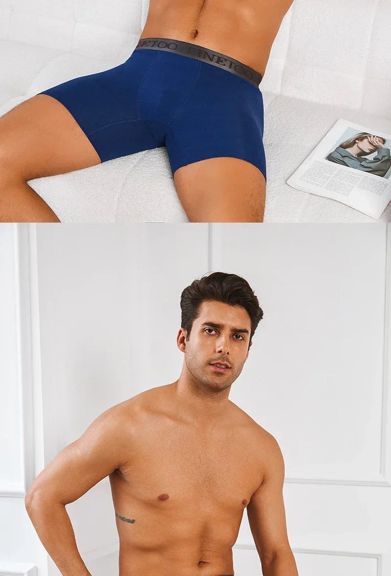 Man wearing blue underwear with a white background