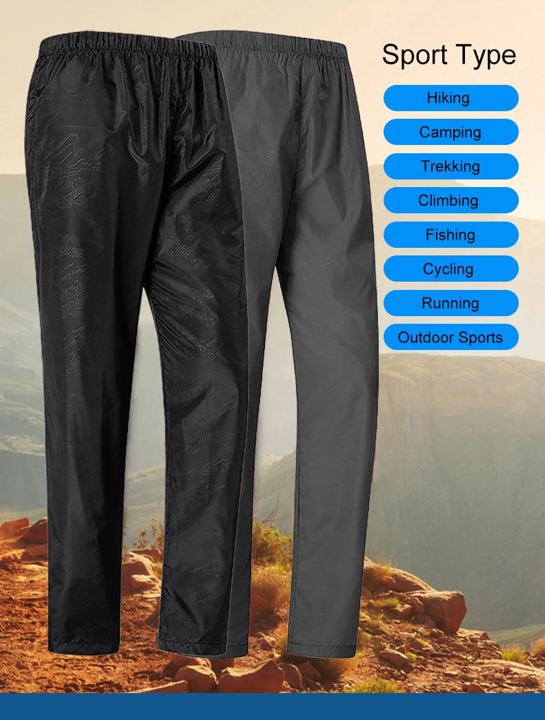 Black and gray pants with outdoor sports labels on a scenic background