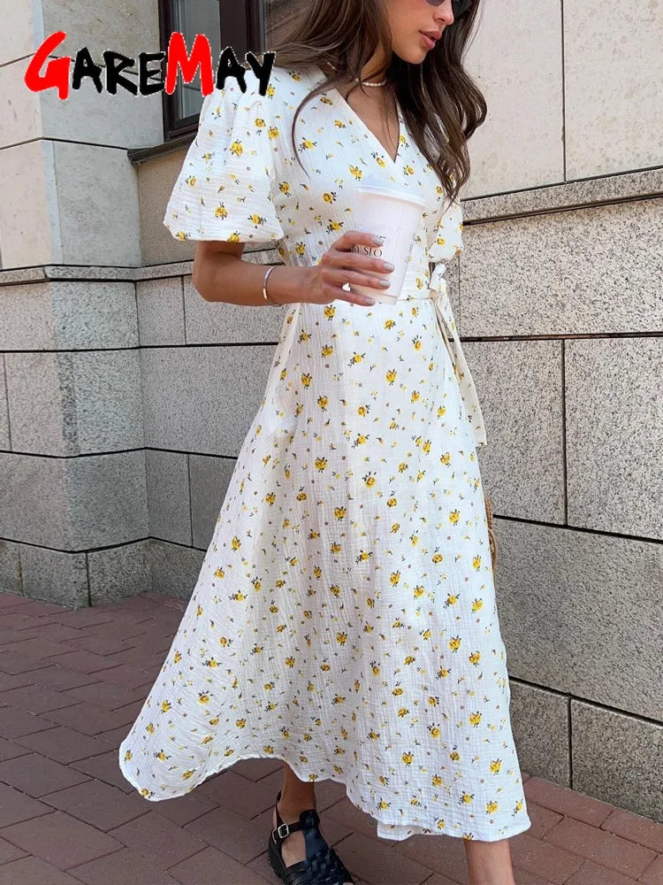 Casual Women's Summer Dresses 100% Cotton Floral Print A-line Midi Dress with Side Slits Long Elegant White Dress for Women 2025 - 3KDyn