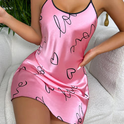 Heart Print Satin Chemise Nightdress – Cross‑Back - 3KDyn