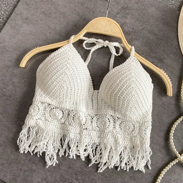 Sexy Boho Beach Holiday Camisole Halter Women Crochet Knit Swimsuit Bra Backless Vest Hollow Tassel Tank Top Women's Crop Tops - 3KDyn