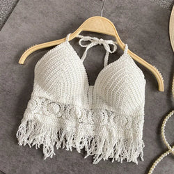 Sexy Boho Beach Holiday Camisole Halter Women Crochet Knit Swimsuit Bra Backless Vest Hollow Tassel Tank Top Women's Crop Tops - 3KDyn