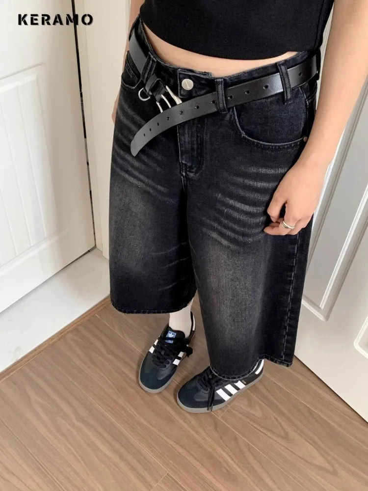 Harajuku Vintage High Waist Black Retro Washed Denim Shorts Women's Fashion Casual Loose Fit Y2K Streetwear Mid Long Short - 3KDyn