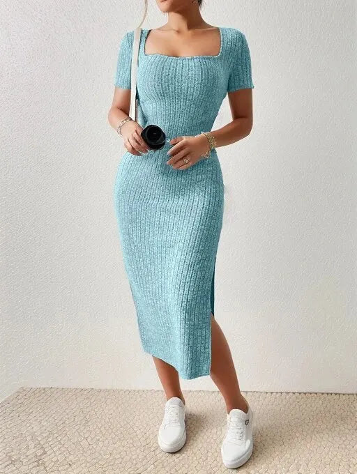 Summer Square Neck, Hip-Hugging Mid-Length Skirt, Short-Sleeved, Versatile Knitted Slit Dress - 3KDyn