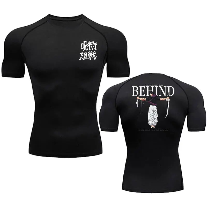 A black compression shirt with a front and back view, featuring a white graphic print on the front and a text and graphic design on the back. The shirt has short sleeves and a round neckline.