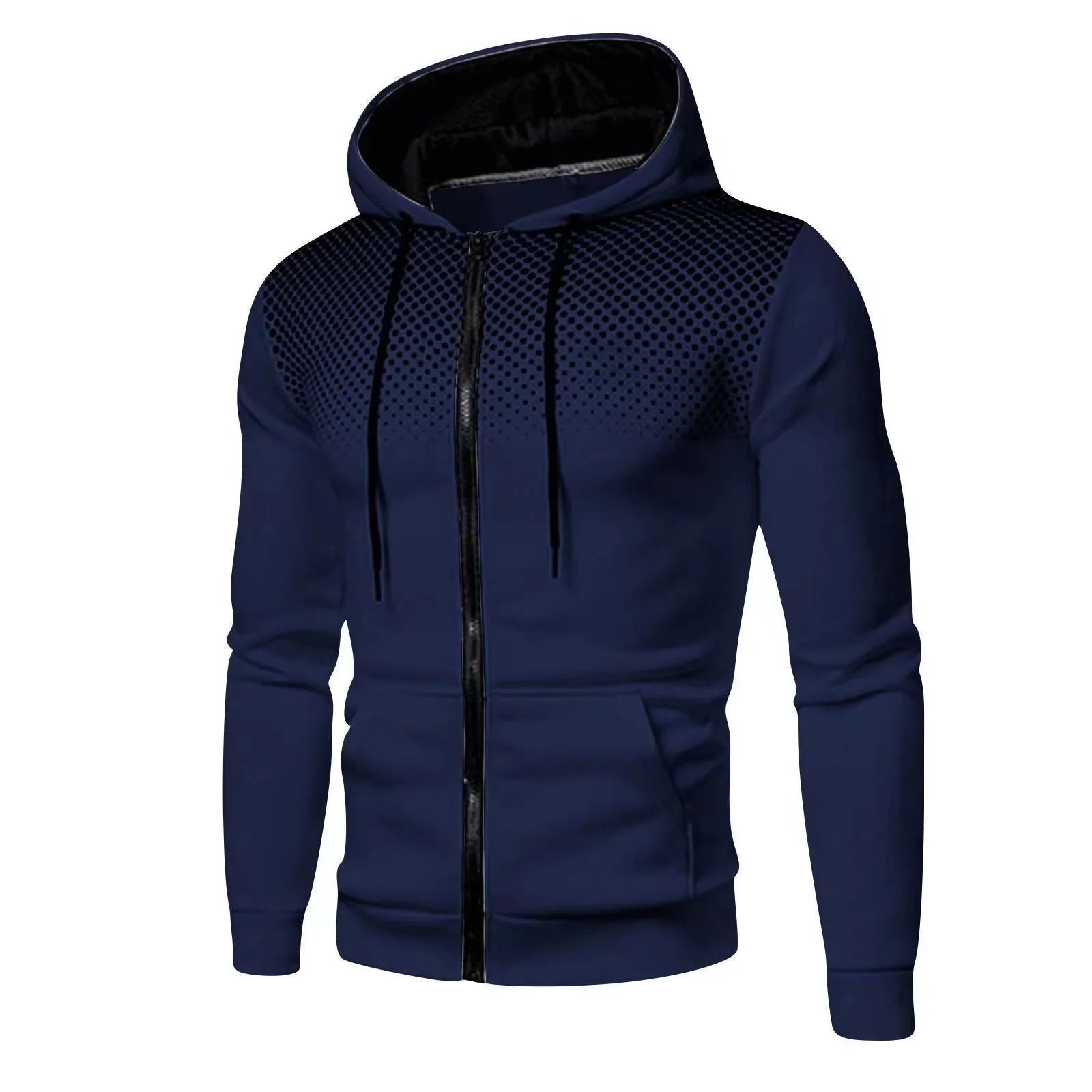 Navy blue hoodie with black zipper and mesh details on a white background