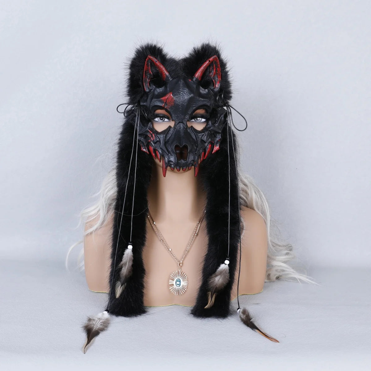 Skull Halloween costume mask with feather pendant detail