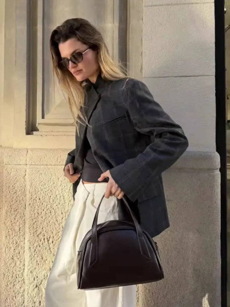 Women’s plaid stand-collar blazer
