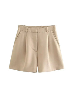 TRZA Women Fashion Side Pockets Front Darts Bermuda Shorts Vintage High Waist Zipper Fly Female Short Pants Mujer - 3KDyn