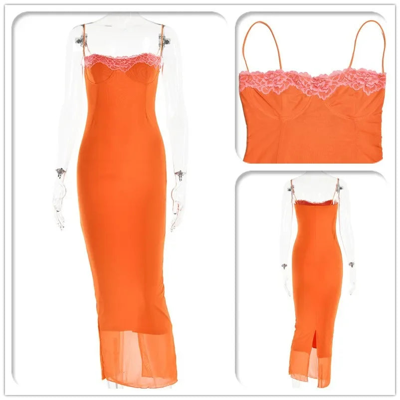 Orange dress with lace detailing on a white background