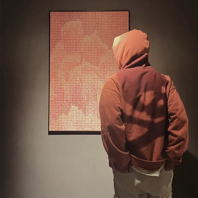 Person wearing a hooded jacket looking at a textured wall art piece.