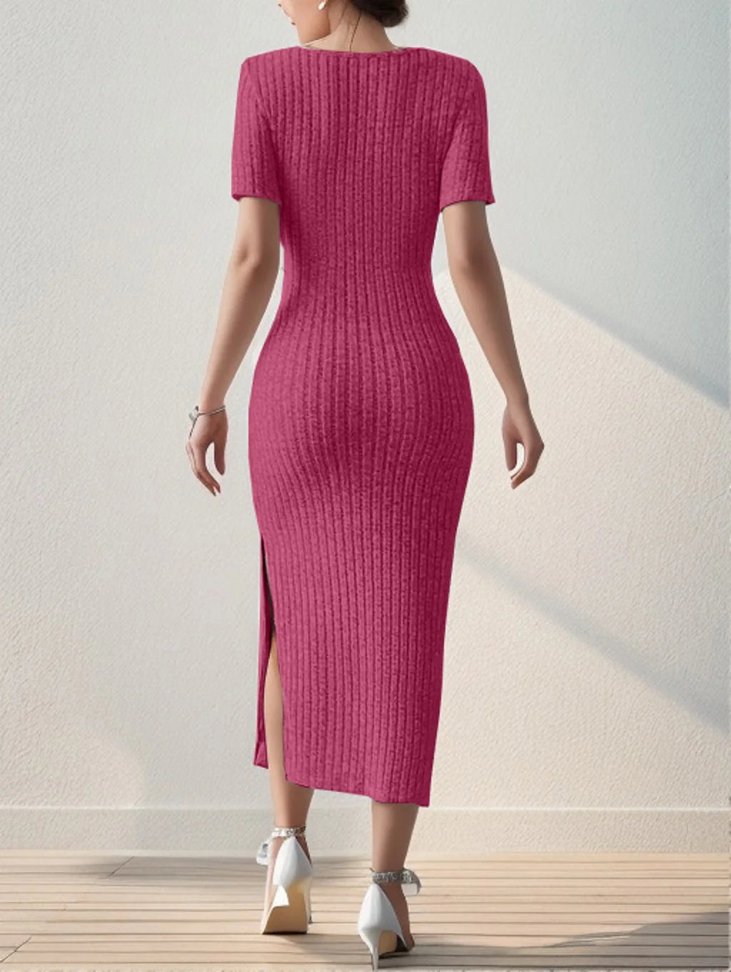 Summer Square Neck, Hip-Hugging Mid-Length Skirt, Short-Sleeved, Versatile Knitted Slit Dress - 3KDyn