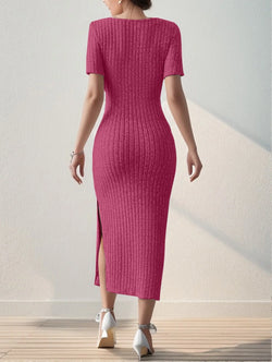 Summer Square Neck, Hip-Hugging Mid-Length Skirt, Short-Sleeved, Versatile Knitted Slit Dress - 3KDyn