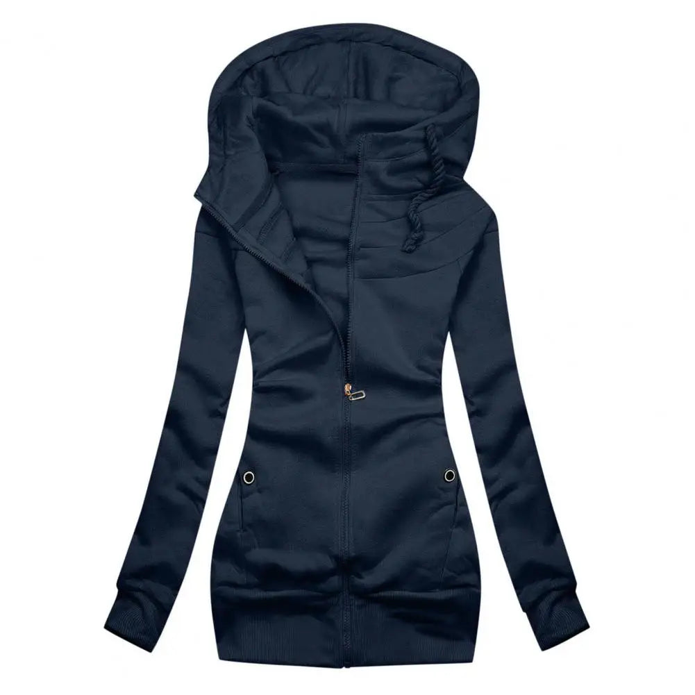 Women’s slim fit zipper hoodie jacket with drawstring waist in pink, navy blue, and gray | 3KDyn