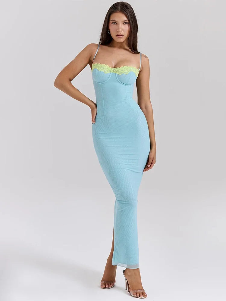 Mesh bodycon midi dress – blue, spaghetti straps, ruched | 3KDyn