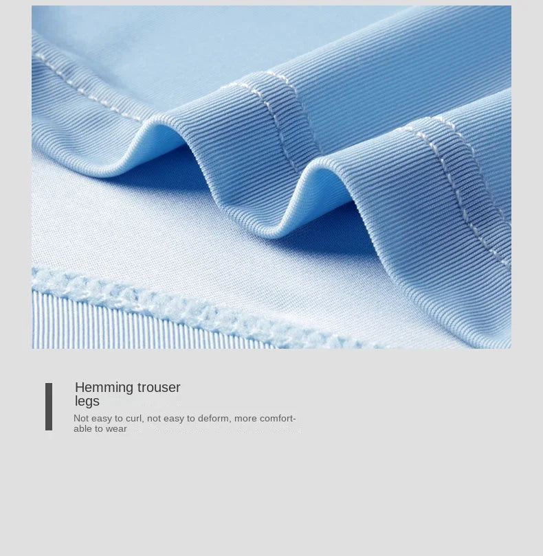 Close-up of hemmed blue fabric with text describing the feature.