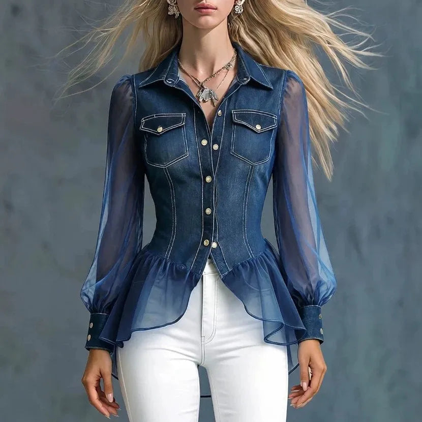 Women’s Denim-Look Long Sleeve Blouse