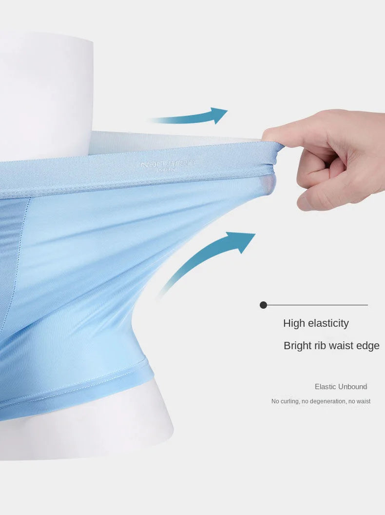 Blue fabric being stretched with text highlighting high elasticity and bright rib waist edge.