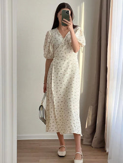 Casual Women's Summer Dresses 100% Cotton Floral Print A-line Midi Dress with Side Slits Long Elegant White Dress for Women 2025 - 3KDyn