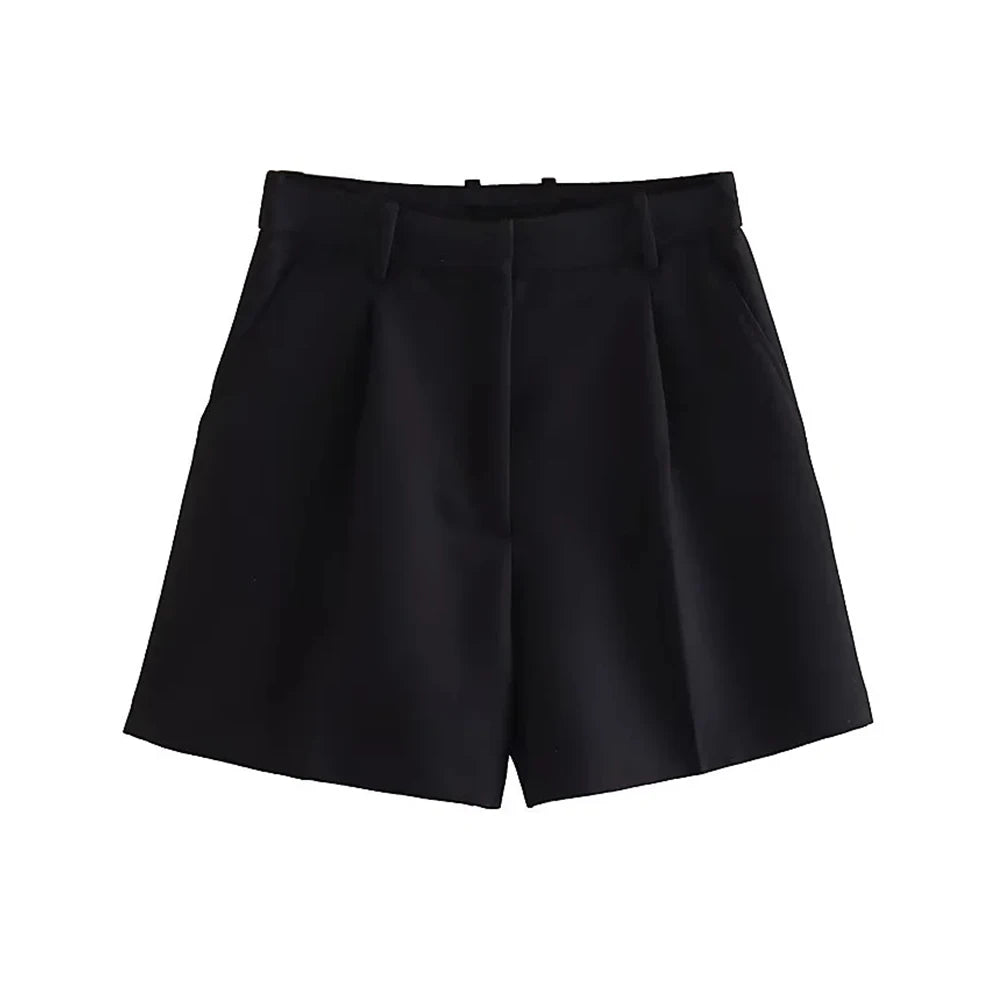 TRZA Women Fashion Side Pockets Front Darts Bermuda Shorts Vintage High Waist Zipper Fly Female Short Pants Mujer - 3KDyn