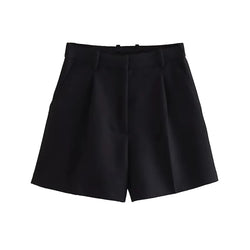 TRZA Women Fashion Side Pockets Front Darts Bermuda Shorts Vintage High Waist Zipper Fly Female Short Pants Mujer - 3KDyn