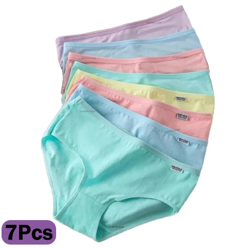 Set of pastel-colored women's underwear with a brand label on a white background.