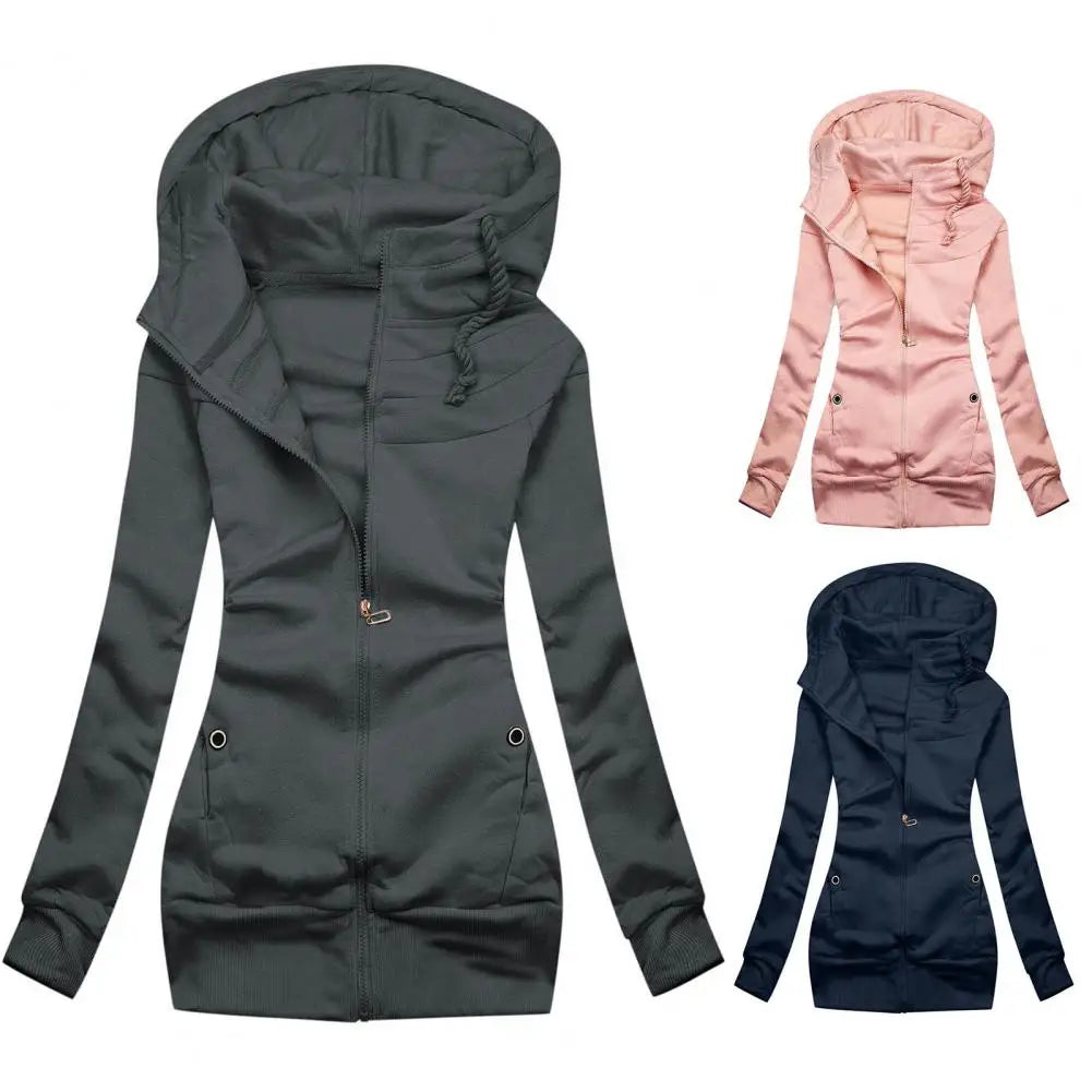 Women’s slim fit zipper hoodie jacket with drawstring waist in pink, navy blue, and gray | 3KDyn