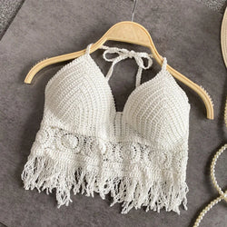 Sexy Boho Beach Holiday Camisole Halter Women Crochet Knit Swimsuit Bra Backless Vest Hollow Tassel Tank Top Women's Crop Tops - 3KDyn