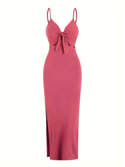 Europe and America knit simple sleeveless suspender dress in spring and summer, leaking back and sexy long skirt with neck. - 3KDyn