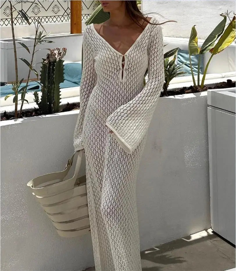 Long Knit Beach Dress – Deep V-Neck, Hollow Out, White | 3KDyn