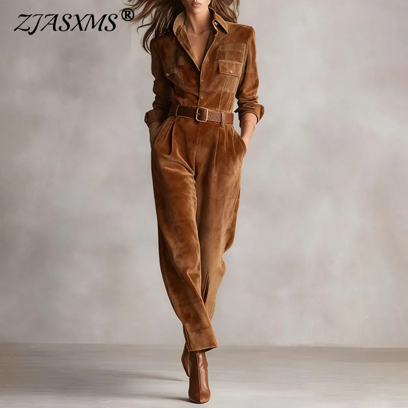 Women’s Velvet Belted Wide-Leg Jumpsuit