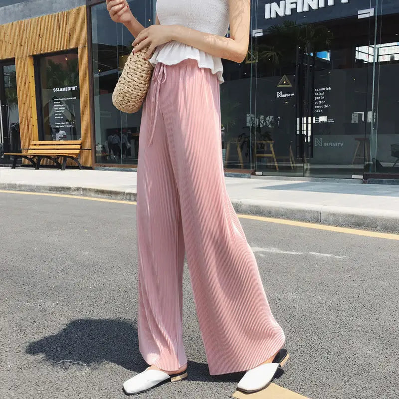Women Fashion Summer Wide Leg Pants Pleated Ice Silk Trousers Elastic Waist Loose Casual Pants - 3KDyn