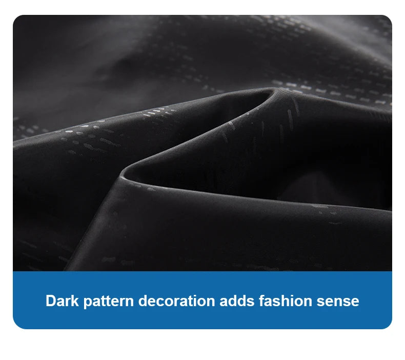 Close-up of dark fabric texture with a blue banner at the bottom.