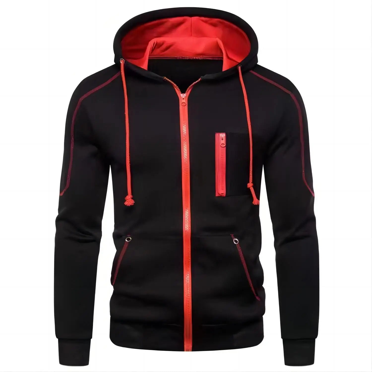 Black hoodie with red accents on a white background