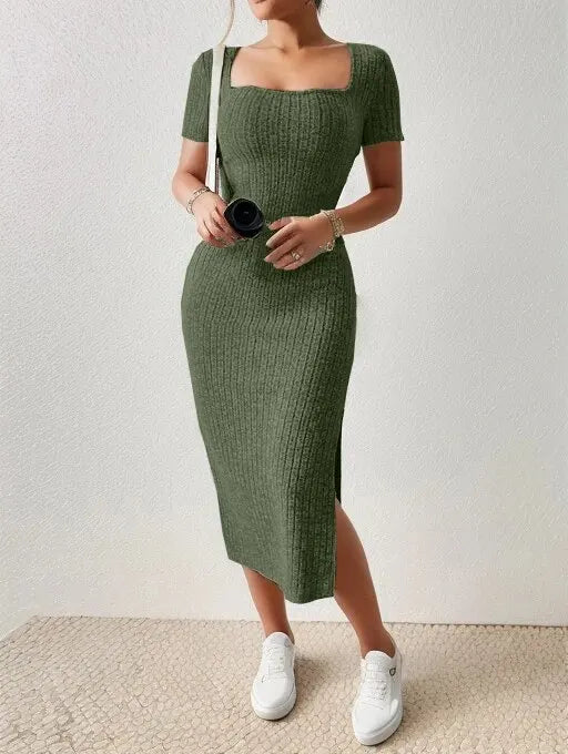 Summer Square Neck, Hip-Hugging Mid-Length Skirt, Short-Sleeved, Versatile Knitted Slit Dress - 3KDyn