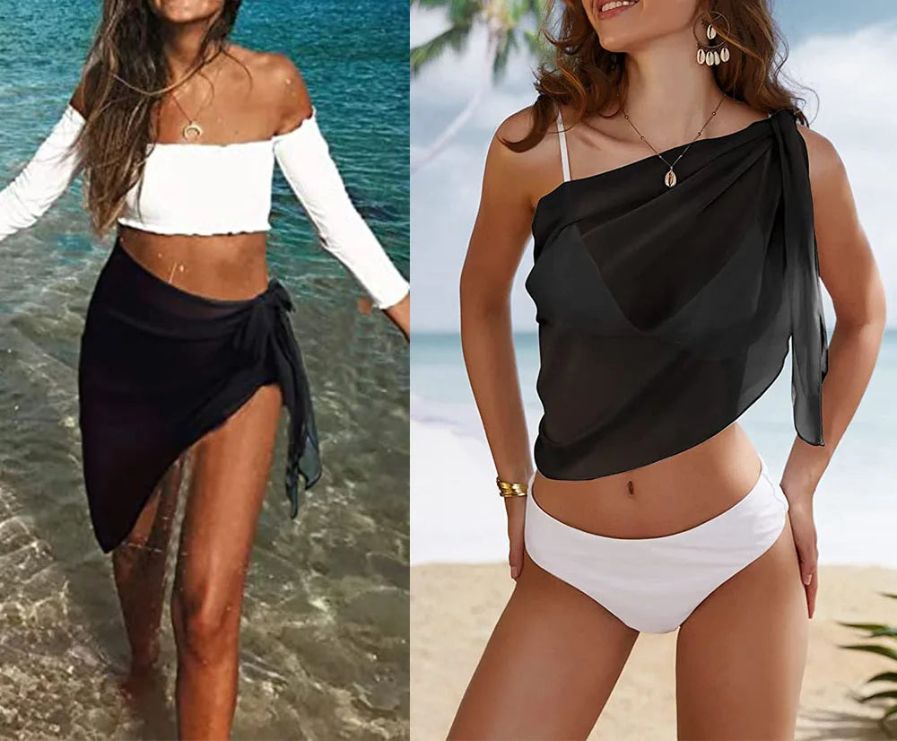 Women Short Sarongs Swimsuit Coverups Beach Bikini Wrap Sheer Short Skirt Chiffon Scarf Cover Ups for Swimwear - 3KDyn