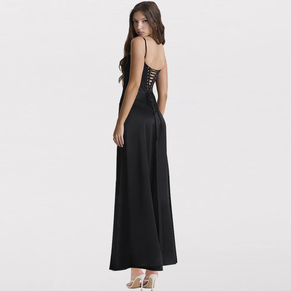 Black evening gown with lace-up back on a white background