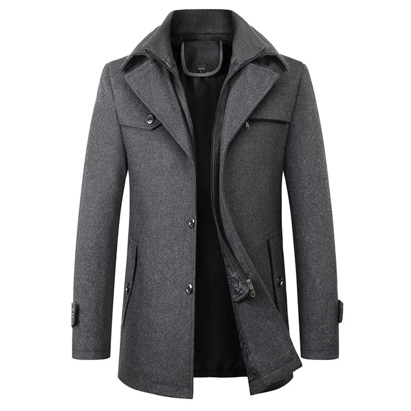 Gray coat with a black shirt underneath on a white background