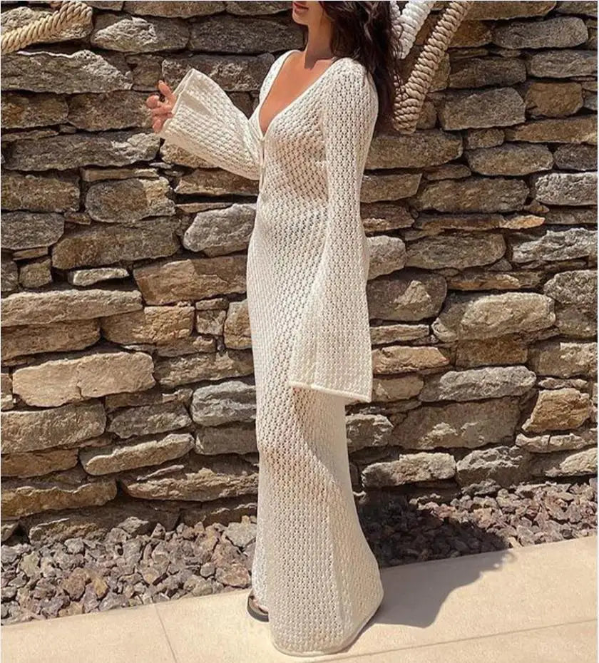 Yiiciovy Sexy Women Long Knit Beach Dress Hollow-Out Deep V-Neck Long Sleeve Bikini Cover-Ups Dress Fall Backless Holiday Dress - 3KDyn