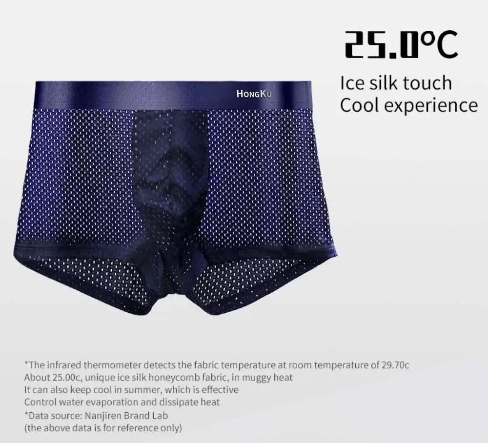 Navy blue men's underwear with 'HongKu' branding on a white background, featuring text about ice silk touch and temperature.
