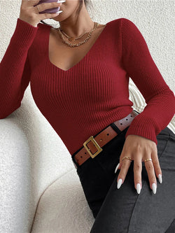 Women’s Rib‑Knit V‑Neck Sweater – Slim Fit, Long Sleeve (One Size) - 3KDyn