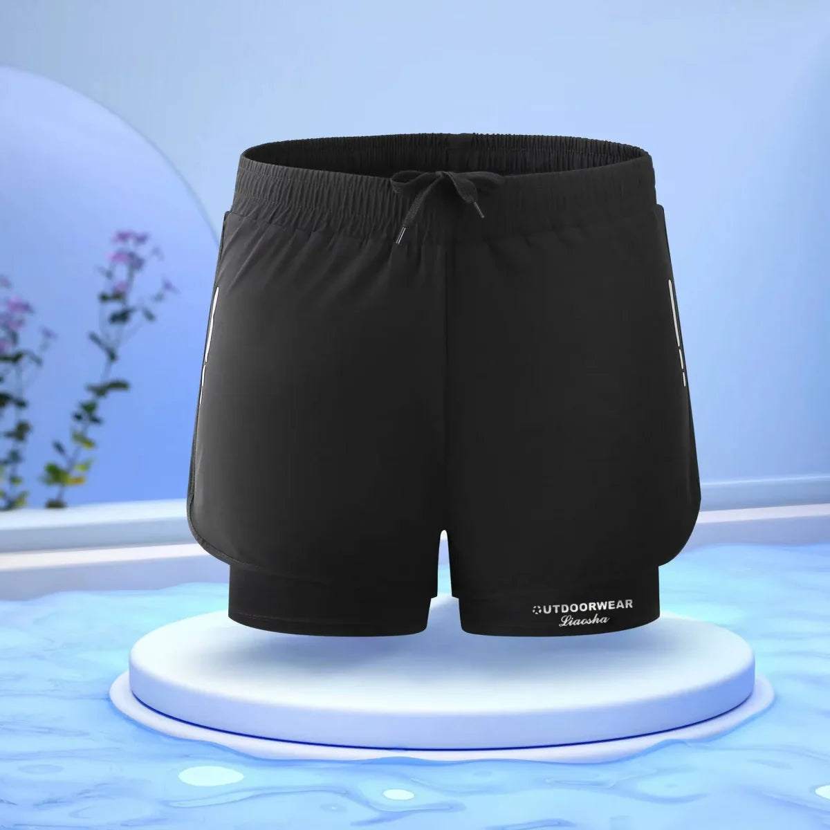 Details and fit of men’s two-layer athletic swim shorts (waistband, pockets, liner)