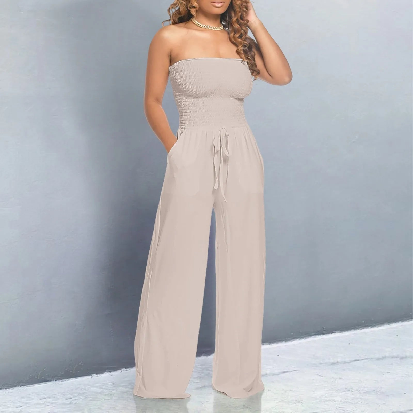 Women’s Strapless Wide‑Leg Jumpsuit with Lace‑Up Front - 3KDyn
