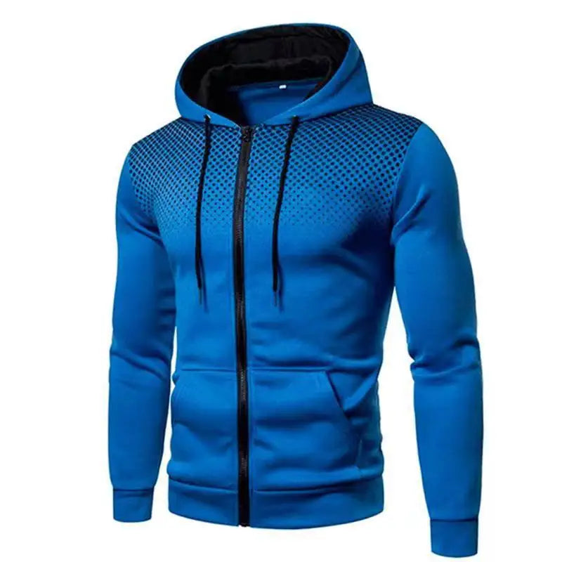 Blue hoodie with black drawstrings on a white background