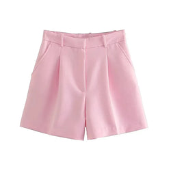 TRZA Women Fashion Side Pockets Front Darts Bermuda Shorts Vintage High Waist Zipper Fly Female Short Pants Mujer - 3KDyn