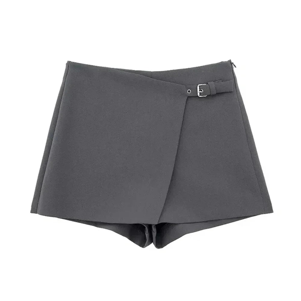 TRZA-Asymmetric Shorts Skirts with Tab for Women, High Waist, Side Zipper, Female Skort, Fashion - 3KDyn