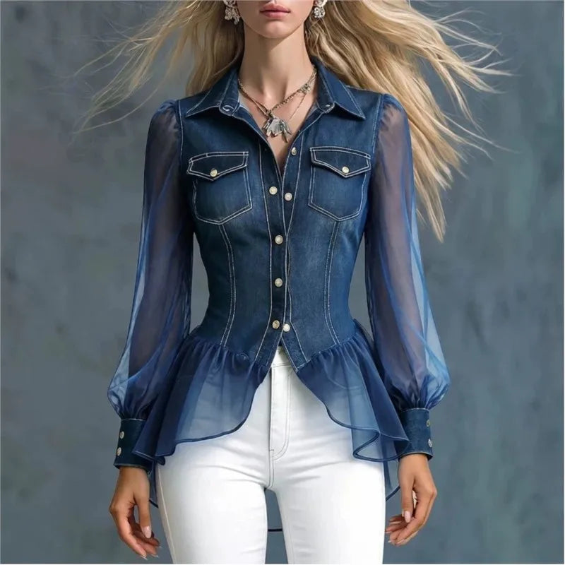 Women’s Denim-Look Long Sleeve Blouse