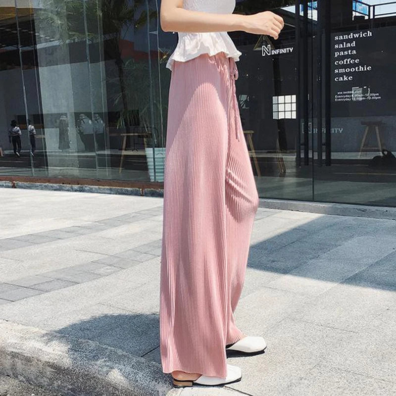 Women Fashion Summer Wide Leg Pants Pleated Ice Silk Trousers Elastic Waist Loose Casual Pants - 3KDyn