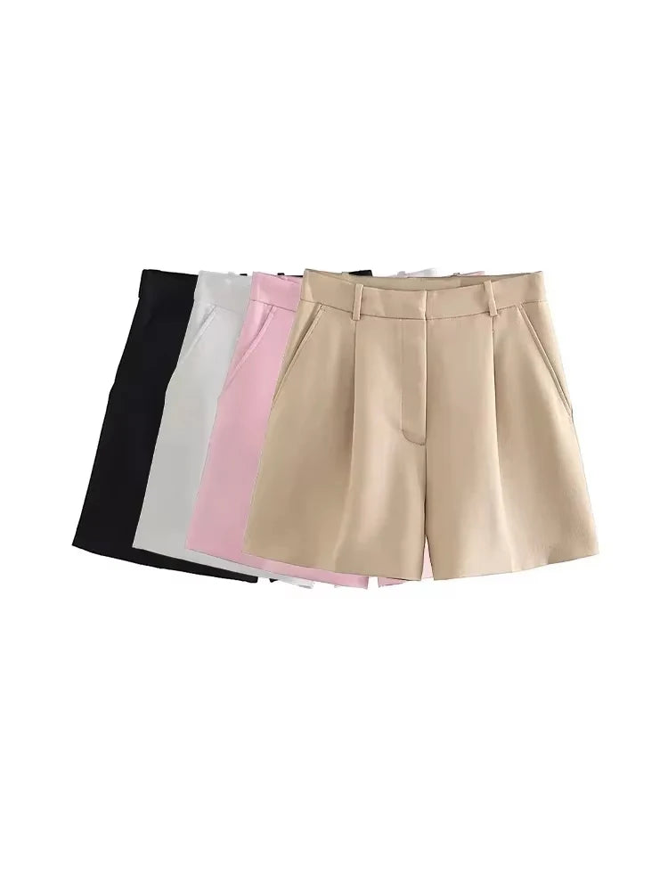 TRZA Women Fashion Side Pockets Front Darts Bermuda Shorts Vintage High Waist Zipper Fly Female Short Pants Mujer - 3KDyn