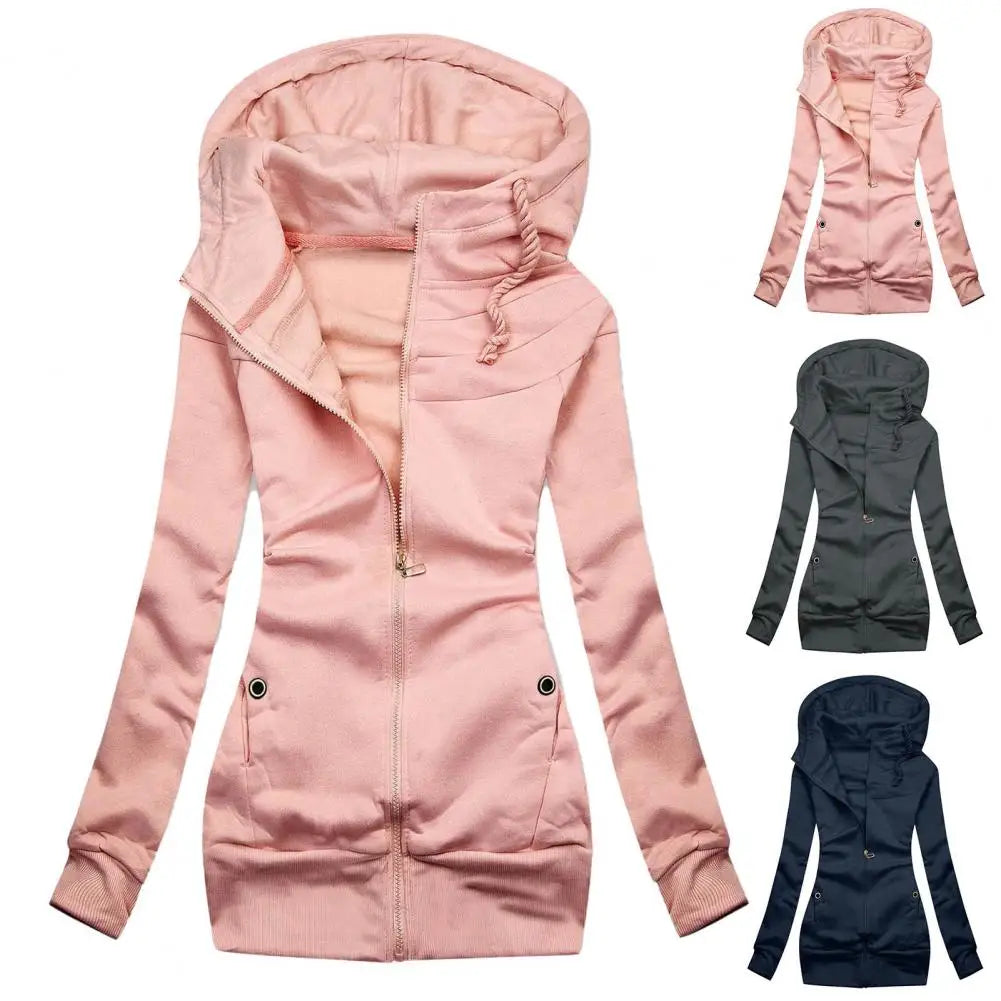 Pink hooded jacket with additional color options on a white background